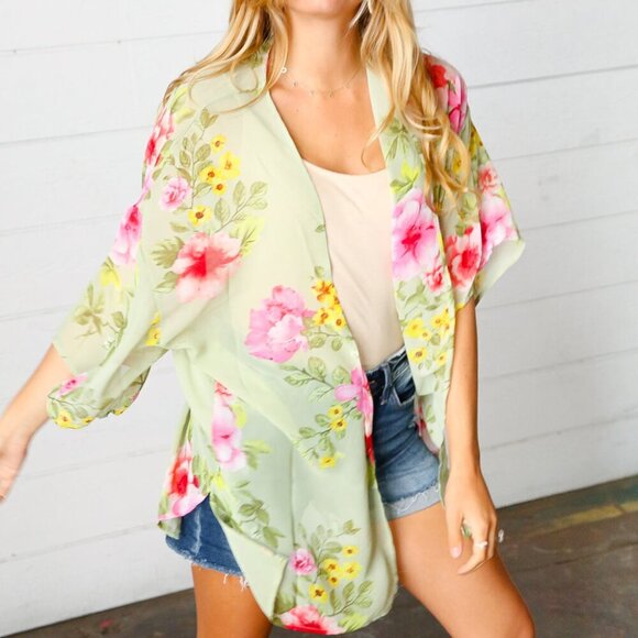 New Sage Floral Print Chiffon Cover Up Kimono  Size Large & 2X - Picture 4 of 8
